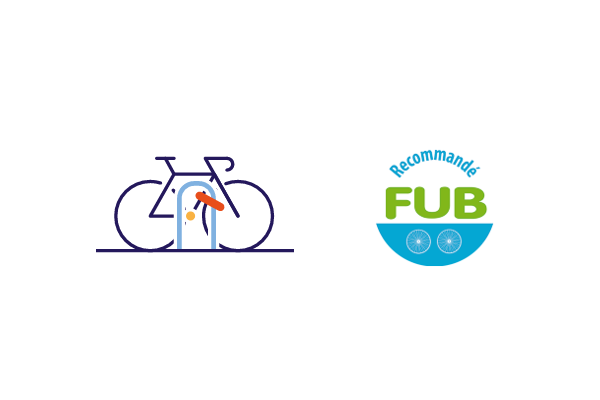 Logo représentant un vélo avec son antivol et le macaron sur lequel est inscrit "recommandé FUB"